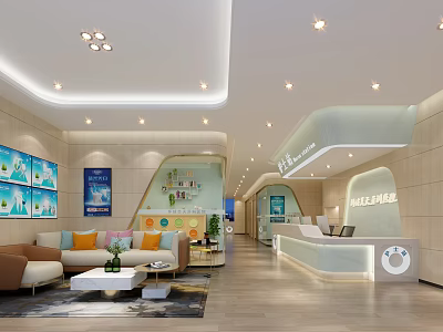 Modern Reception Area With Sofa Coffee Table Reception Desk And Digital Wall Displays 3d model