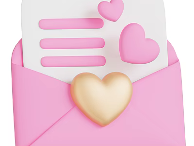 Decorative Pink Envelope With Paper And Heart Decorations Including Gold Heart 3d model