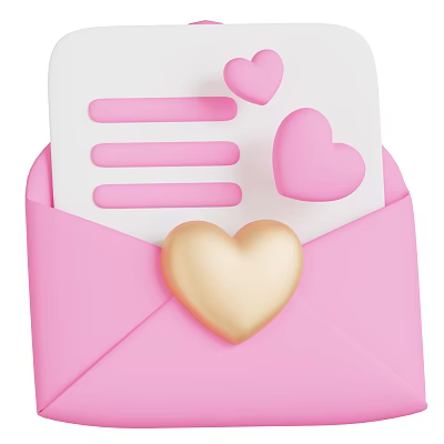Decorative Pink Envelope With Paper And Heart Decorations Including Gold Heart 3d model