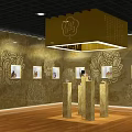 Cultural Center Showcasing Traditional Statues in Glass Cases with Decorative Walls and Wooden Floors