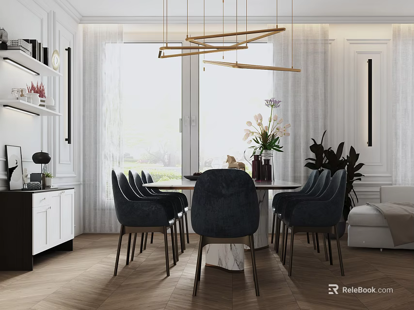 Modern Dining Table Set With Dark Blue Chairs Golden Linear Pendant Lights And Large Windows 3d model 