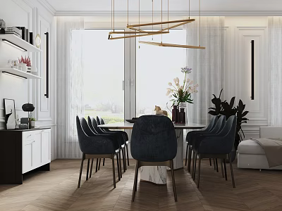 Modern Dining Table Set With Dark Blue Chairs Golden Linear Pendant Lights And Large Windows 3d model