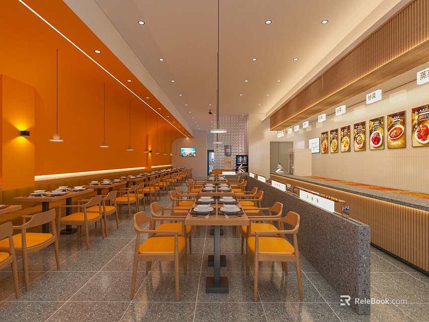 Warm Orange Restaurant Interior With Hanging Lights Tables Chairs And Bar Counter 3d model 