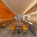 Warm Orange Restaurant Interior With Hanging Lights Tables Chairs And Bar Counter