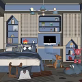 Modern Kids Room Interior With Blue Bed Geometric Shelves Plush Toys And Colorful Rug