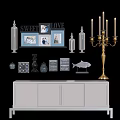 Decorative Ornament Set with Brass Candelabra Photo Frames LOVE SWEET Decor on White Cabinet