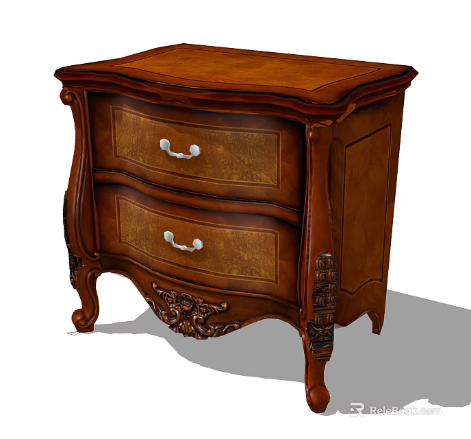 Classic Wooden Bedside Table With Two Drawers White Handles And Carved Details 3d model 