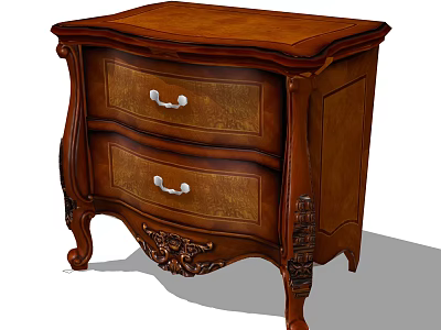 Classic Wooden Bedside Table With Two Drawers White Handles And Carved Details 3d model