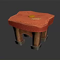 Traditional Red Stool With Carved Patterns Wooden Legs And Golden Object On Top