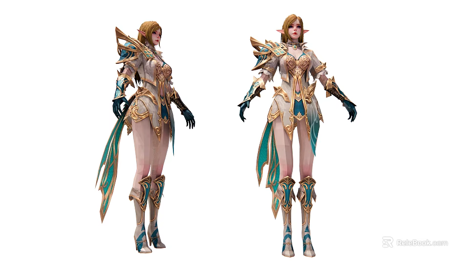 Game Fantasy Character In Elaborate Costume With Gold Blue Accents And Winged Shoulder Armor 3d model 