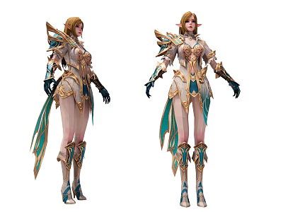 Game Fantasy Character In Elaborate Costume With Gold Blue Accents And Winged Shoulder Armor 3d model