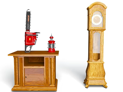 Traditional Wooden Grandfather Clock Next To Oak Cabinet With Red Chainsaw And Fire Hydrant 3d model