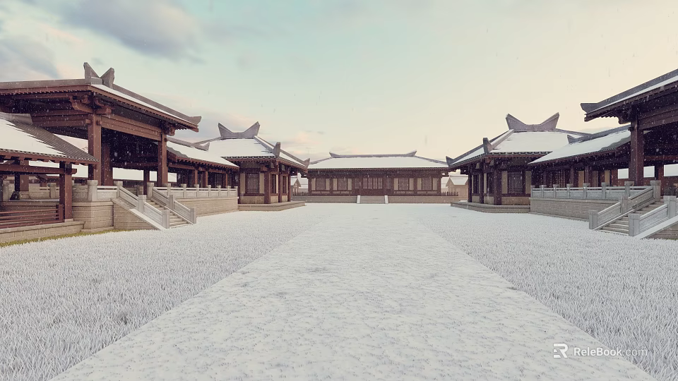Ancient Chinese Architecture With Snow Covered Roofs And Spacious Courtyard Design 3d model 
