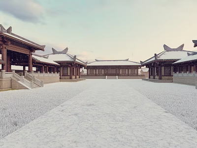 Ancient Chinese Architecture With Snow Covered Roofs And Spacious Courtyard Design 3d model