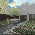Black Metal Entrance Gate With White Pillars Slatted Fence Green Plants And Paved Courtyard