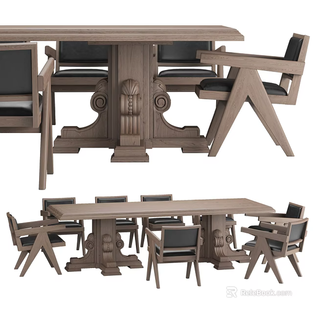 Classic Solid Wood Conference Table With Ornate Carved Legs And Matching Chairs 3d model 