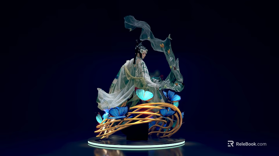 Traditional Garment Figure With Flowing Ribbons Blue Butterflies Woven Structure And Illuminated Base 3d model 