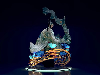 Traditional Garment Figure With Flowing Ribbons Blue Butterflies Woven Structure And Illuminated Base 3d model