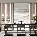 Elegant Modern Tea Room Interior With Mountain Painting Wooden Shelves Tea Sets Tables And Stools