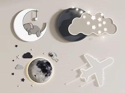 Cute Kids Room Wall Decor With Moon Elephant Stars Clouds Astronaut And Airplane 3d model
