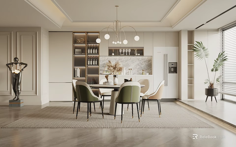 Modern Restaurant Interior Design With Chandelier Dining Table Chairs And Green Plants 3d model 