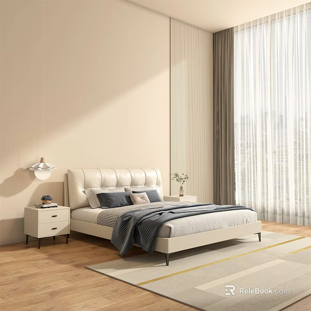 Modern Double Bed With Leather Headboard Pillows Nightstand And Window View 3d model
