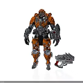 Orange And Silver Armored Robot Character With Mechanical Weapon In Sci Fi Design 3d model