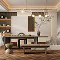 Modern Tea Room Interior With Herringbone Wood Flooring Pendant Lights Teaware Shelves And Potted Plant