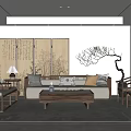 Elegant Traditional Chinese Living Room With Sofa Wooden Coffee Table Calligraphy Screen And Decorative Tree Branch