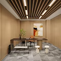 Modern Office Interior With Wooden Ceiling Green Chairs Sofa Bookshelf And Floor To Ceiling Windows