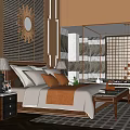 Modern Bedroom Interior With White Orange Pillows Bedside Lamps And Golden Partition