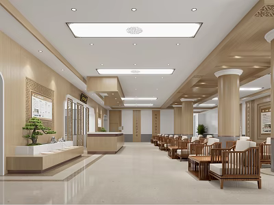 Spacious Bright Lobby With Wooden Decor Reception Counter Seating And Green Plants 3d model