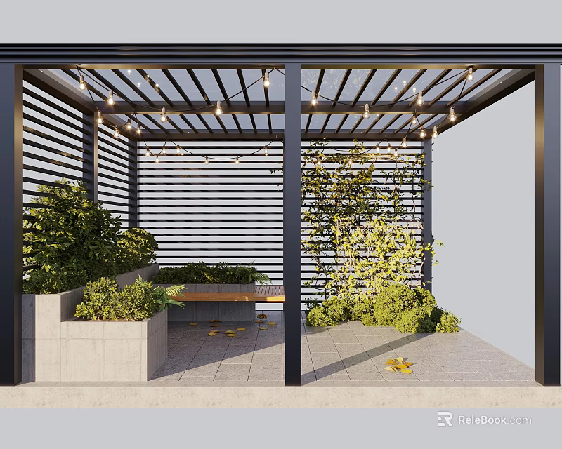 Outdoor Pergola Seating Area With Lattice Roof String Lights And Green Plants 3d model 