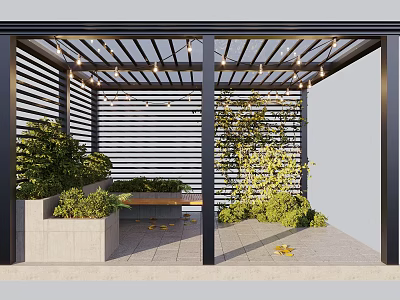 Outdoor Pergola Seating Area With Lattice Roof String Lights And Green Plants 3d model