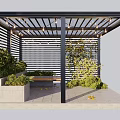 Outdoor Pergola Seating Area With Lattice Roof String Lights And Green Plants