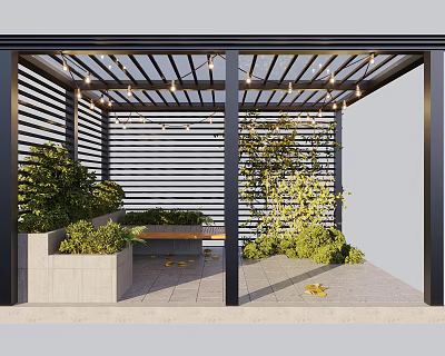 Outdoor Pergola Seating Area With Lattice Roof String Lights And Green Plants 3d model