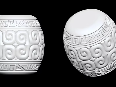 Intricate White Sculpture Carving with Cylindrical Spherical Forms and Spiral Geometric Patterns 3d model