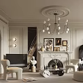 Elegant Modern Living Room Interior With Chandelier Fireplace Framed Art Curved Sofa And Plants