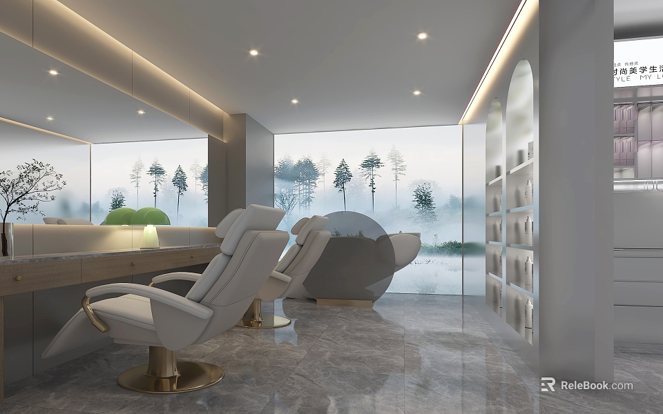 Elegant Modern Beauty Salon Interior with White Chairs Marble Flooring Mirrors and Tree View Windows 3d model 