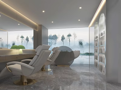 Elegant Modern Beauty Salon Interior with White Chairs Marble Flooring Mirrors and Tree View Windows 3d model