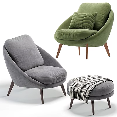 Modern Cozy Accent Chairs In Gray And Green Velvet With Wooden Legs And Ottoman 3d model