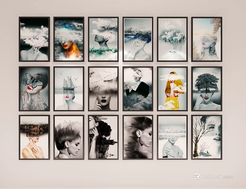 Diverse Portrait Paintings In Grid Arrangement For Wall Art 3d model 