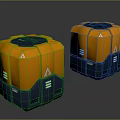 Orange and Blue Geometric Containers with Triangle Symbols Top Lids Blue Bases Reflective Green Parts