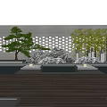 Garden Decor With Pine Tree Rockery Water Feature Small Lanterns Statues And Perforated Wall