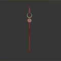 Ancient Decorative Spear Featuring Metal Spearhead Golden Shaft Red Accents And Crescent Ornament