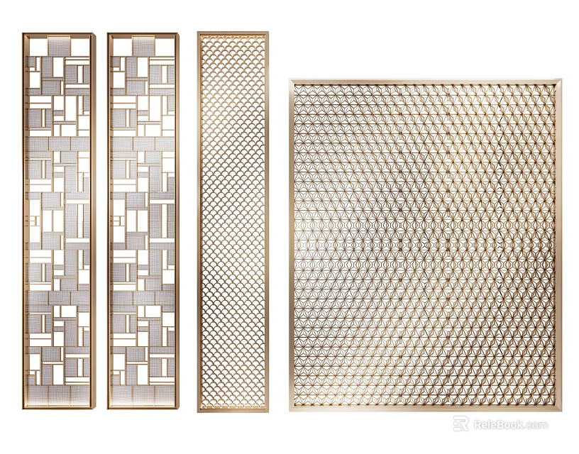 Modern Decorative Partition Screens With Metallic Frames And Geometric Laser Cut Patterns 3d model