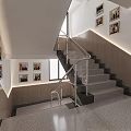 Modern Interior Staircase With Stainless Steel Handrail Gray Steps Black Edges And Wall Lighting