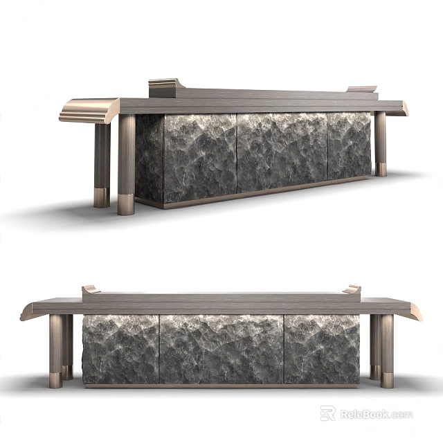Modern Reception Desk With Textured Stone Panels And Metallic Support Legs 3d model 
