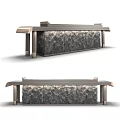 Modern Reception Desk With Textured Stone Panels And Metallic Support Legs