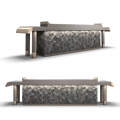 Modern Reception Desk With Textured Stone Panels And Metallic Support Legs 3d model